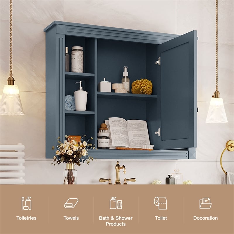 Blue Solid Wood Wall Mounted Bathroom Medicine Cabinet with Mirror and Shelves