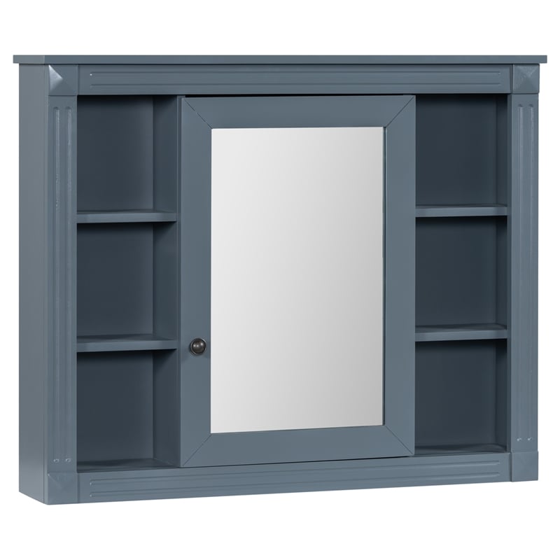 Blue Solid Wood Wall Mounted Bathroom Medicine Cabinet with Mirror and Shelves
