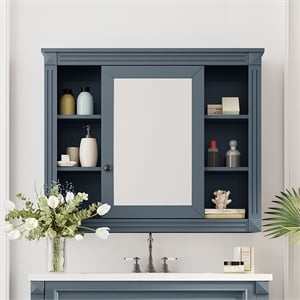 Blue Solid Wood Wall Mounted Bathroom Medicine Cabinet with Mirror and Shelves
