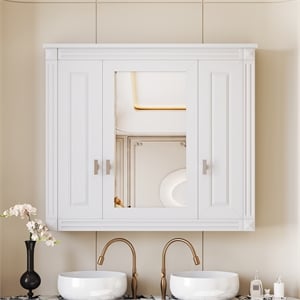 White Solid Wood Wall Mounted Mirror Medicine Cabinet with 4 Shelves