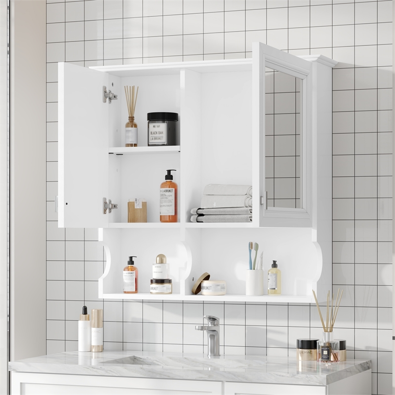White Solid Wood 30 Inch Mirror Medicine Cabinet with Open Shelves and Doors