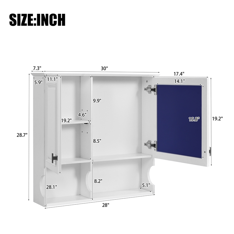 White Solid Wood 30 Inch Mirror Medicine Cabinet with Open Shelves and Doors
