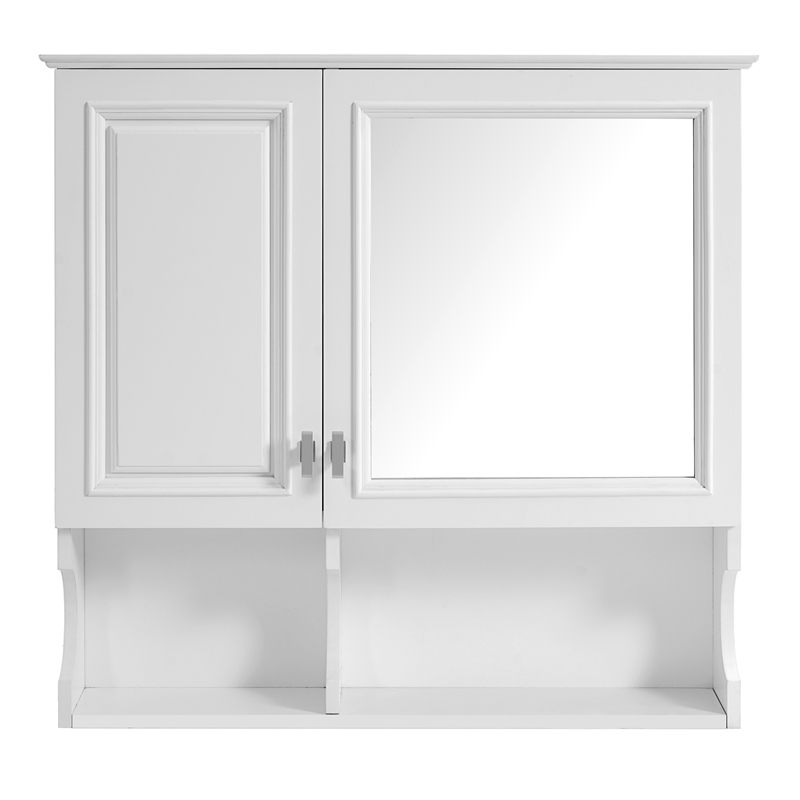 White Solid Wood 30 Inch Mirror Medicine Cabinet with Open Shelves and Doors