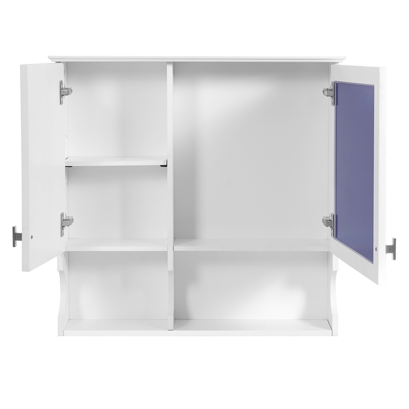 White Solid Wood 30 Inch Mirror Medicine Cabinet with Open Shelves and Doors