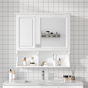 White Solid Wood 30 Inch Mirror Medicine Cabinet with Open Shelves and Doors