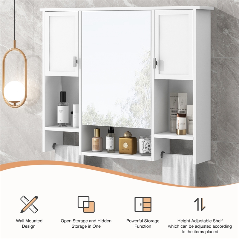 White Solid Wood Modern Wall Mounted Bathroom Medicine Cabinet with Mirror Bar