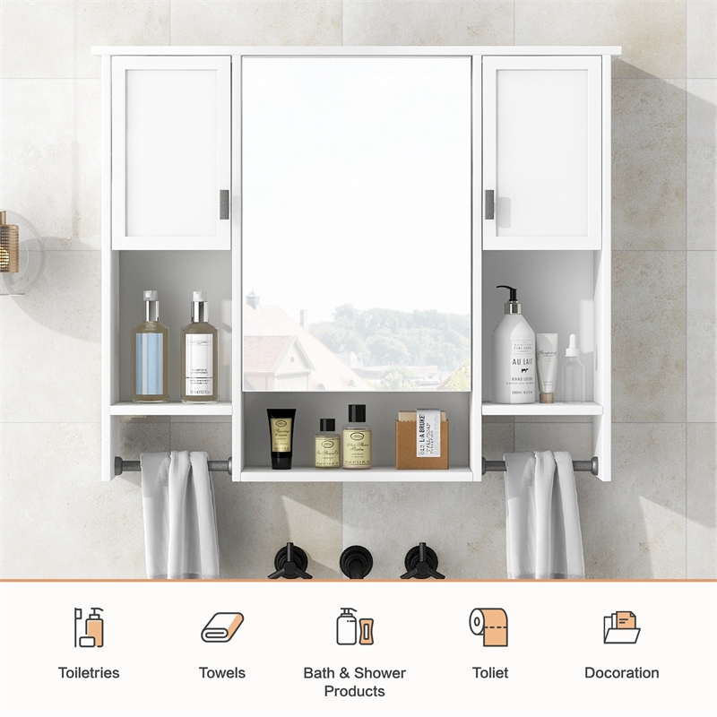 White Solid Wood Modern Wall Mounted Bathroom Medicine Cabinet with Mirror Bar