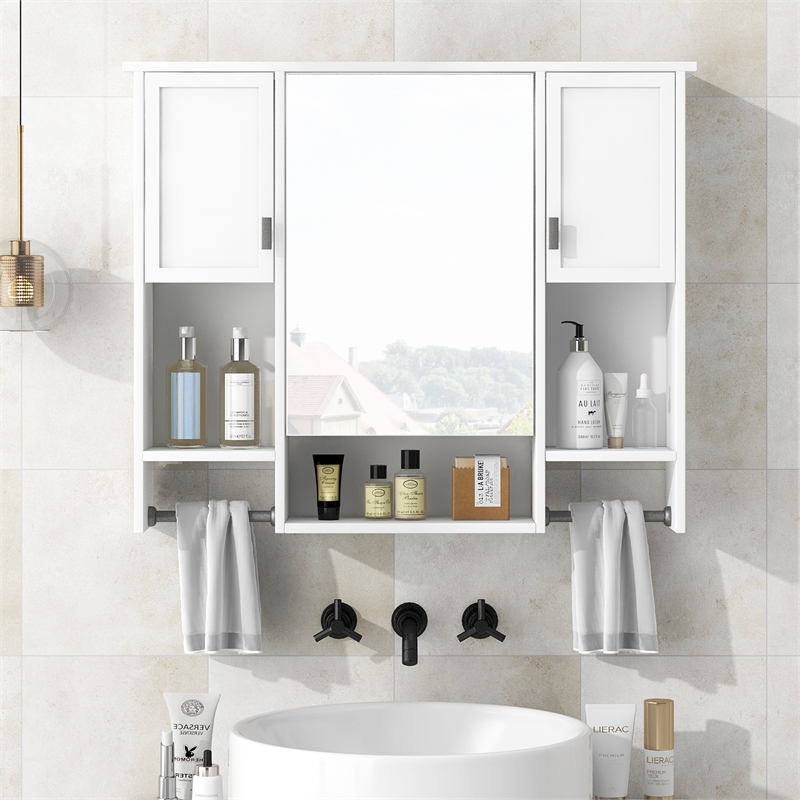 White Solid Wood Modern Wall Mounted Bathroom Medicine Cabinet with Mirror Bar