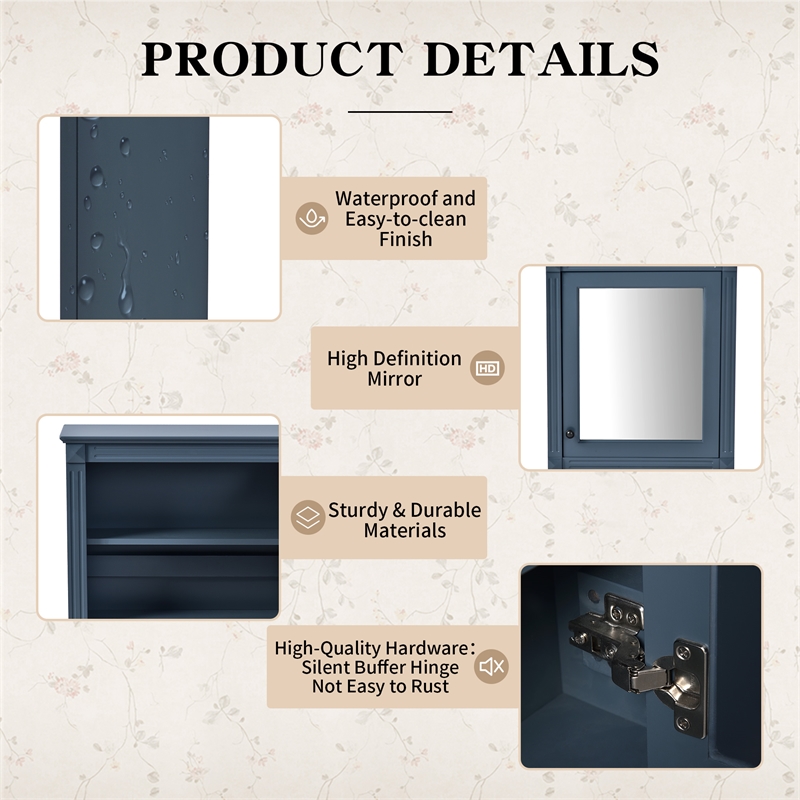 Blue Solid Wood Wall Mounted Bathroom Medicine Cabinet with Mirror and Shelf