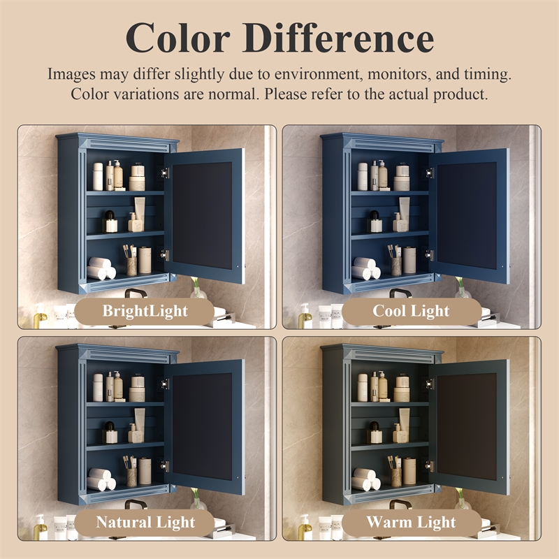 Blue Solid Wood Wall Mounted Bathroom Medicine Cabinet with Mirror and Shelf