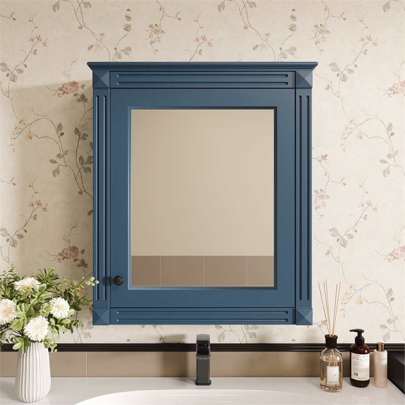 Blue Solid Wood Wall Mounted Bathroom Medicine Cabinet with Mirror and Shelf
