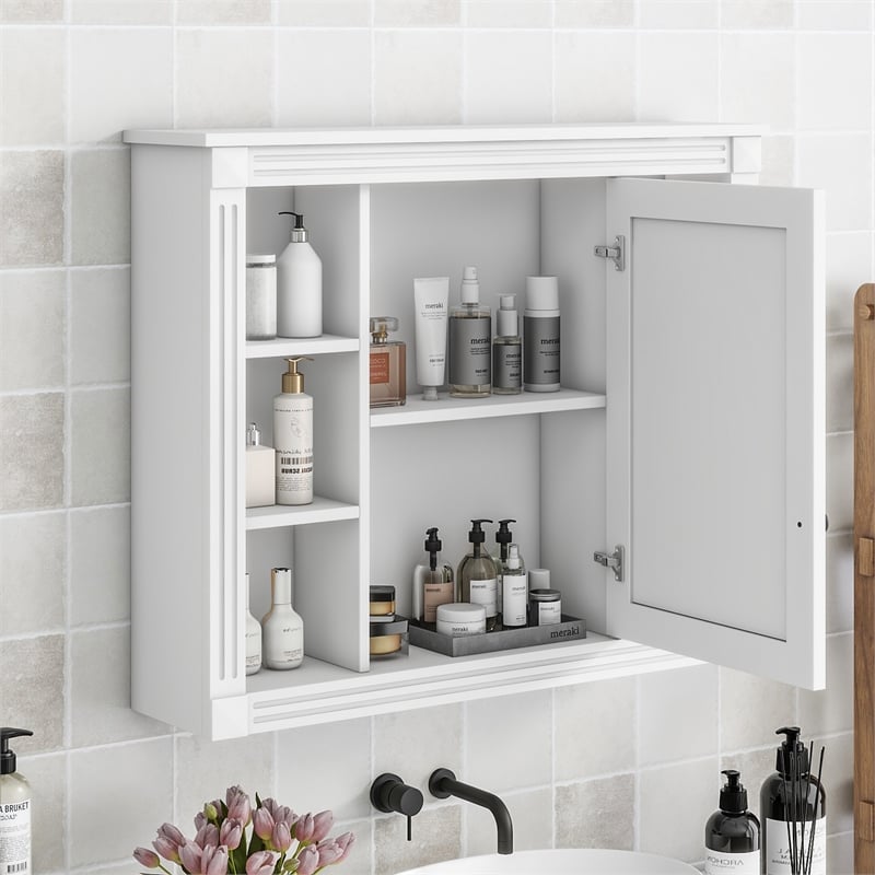 White Solid Wood Wall Mounted Bathroom Medicine Cabinet with Mirror and Shelves
