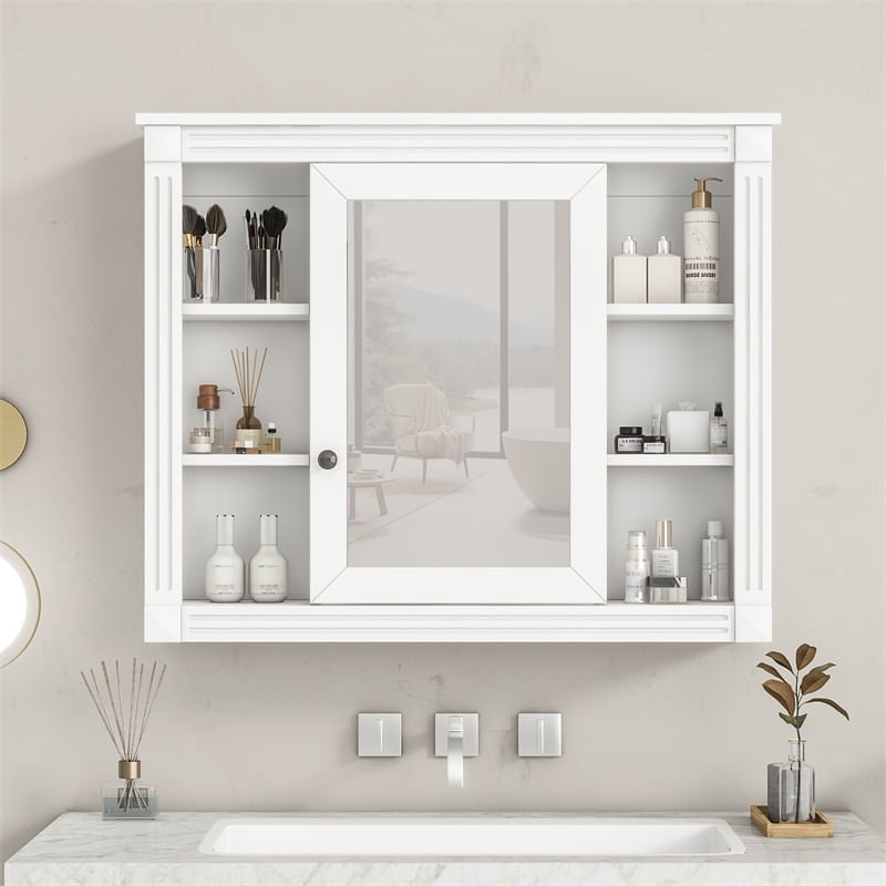 White Solid Wood Wall Mounted Bathroom Medicine Cabinet with Mirror and Shelves