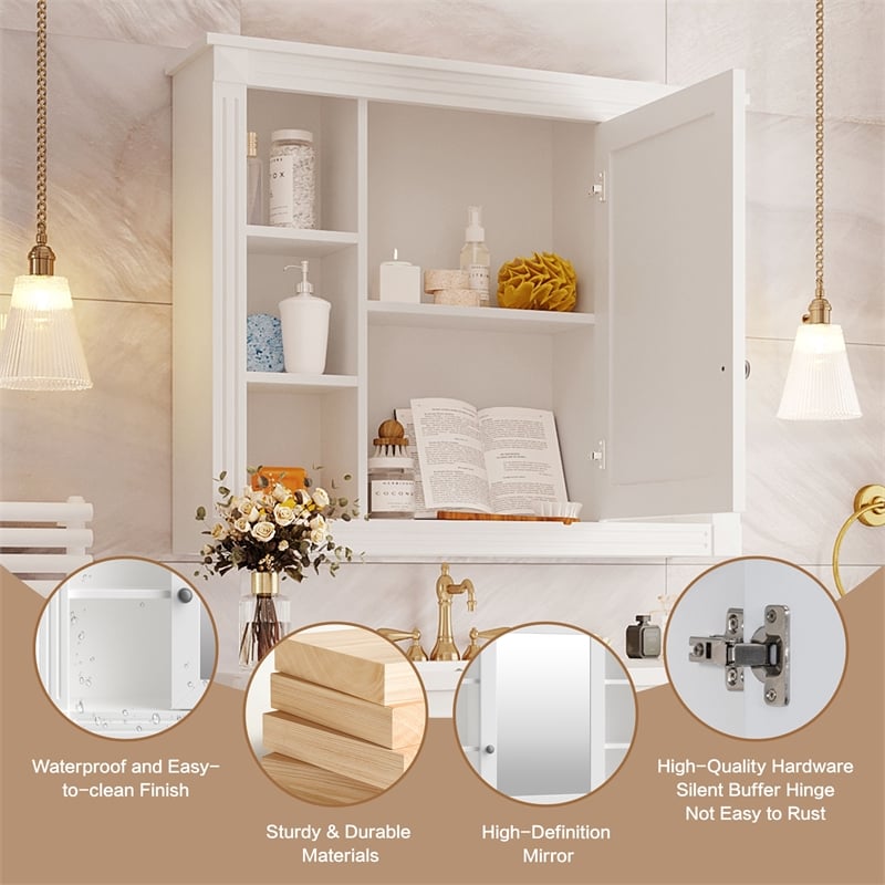 White Solid Wood Wall Mounted Bathroom Medicine Cabinet with Mirror and Shelves