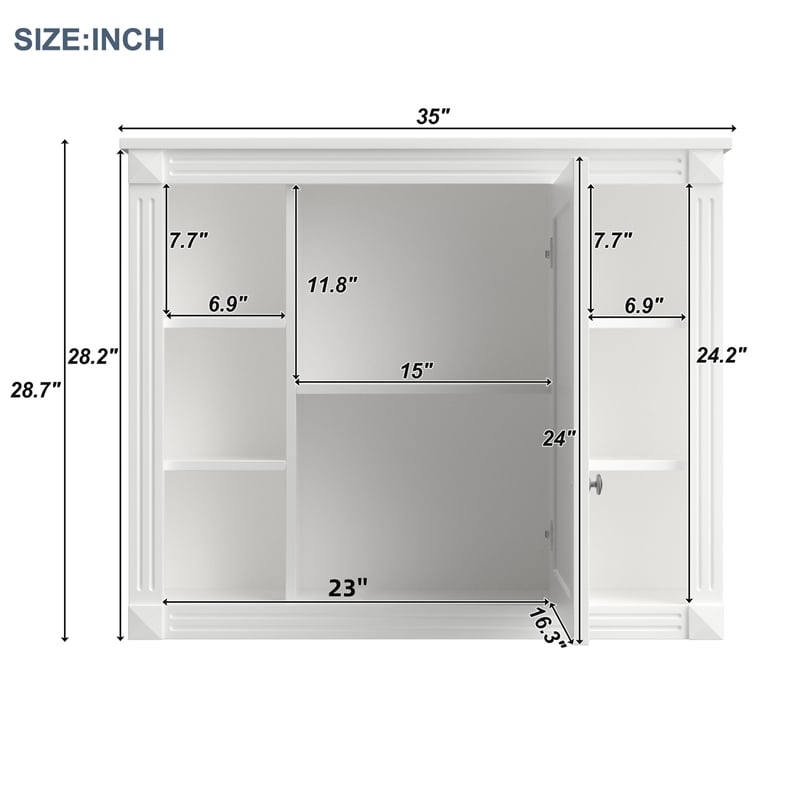 White Solid Wood Wall Mounted Bathroom Medicine Cabinet with Mirror and Shelves