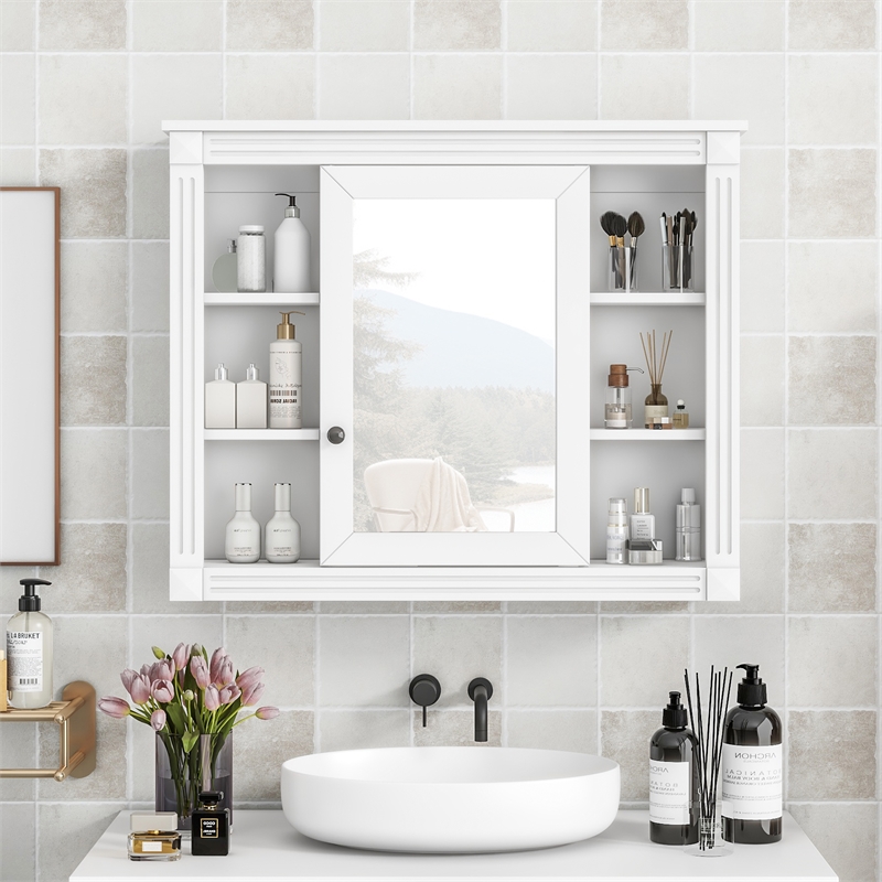 White Solid Wood Wall Mounted Bathroom Medicine Cabinet with Mirror and Shelves