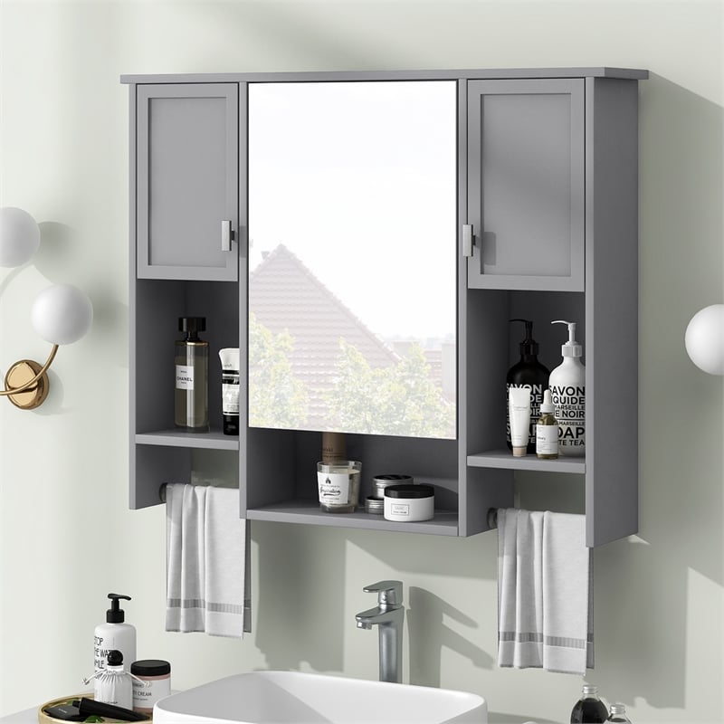 Gray Solid Wood Modern Bathroom Wall Cabinet with Mirror and Towel Bar