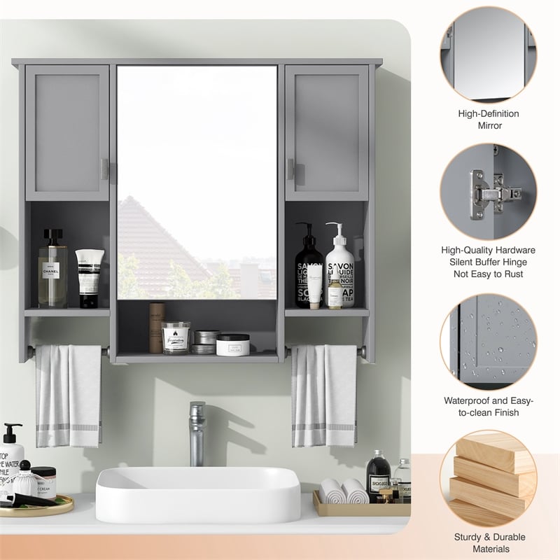 Gray Solid Wood Modern Bathroom Wall Cabinet with Mirror and Towel Bar