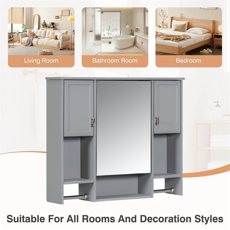Gray Solid Wood Modern Bathroom Wall Cabinet with Mirror and Towel Bar