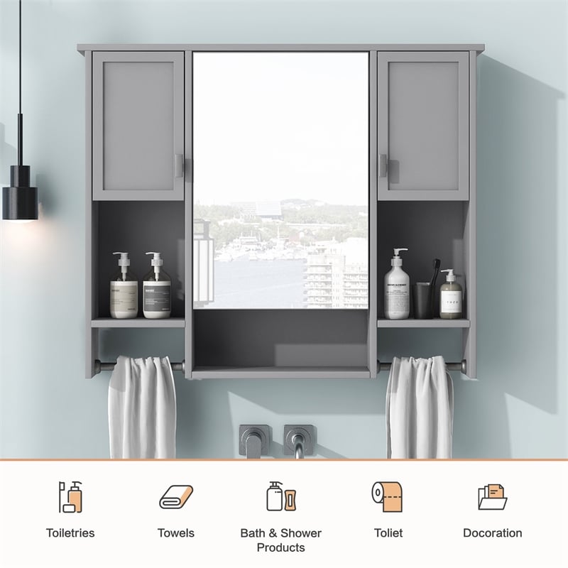 Gray Solid Wood Modern Bathroom Wall Cabinet with Mirror and Towel Bar