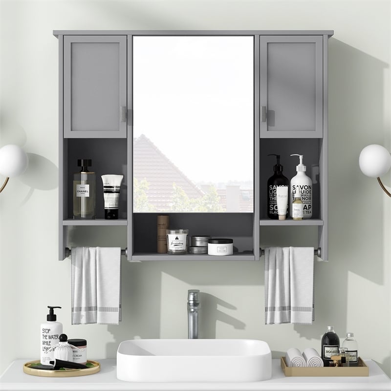 Gray Solid Wood Modern Bathroom Wall Cabinet with Mirror and Towel Bar
