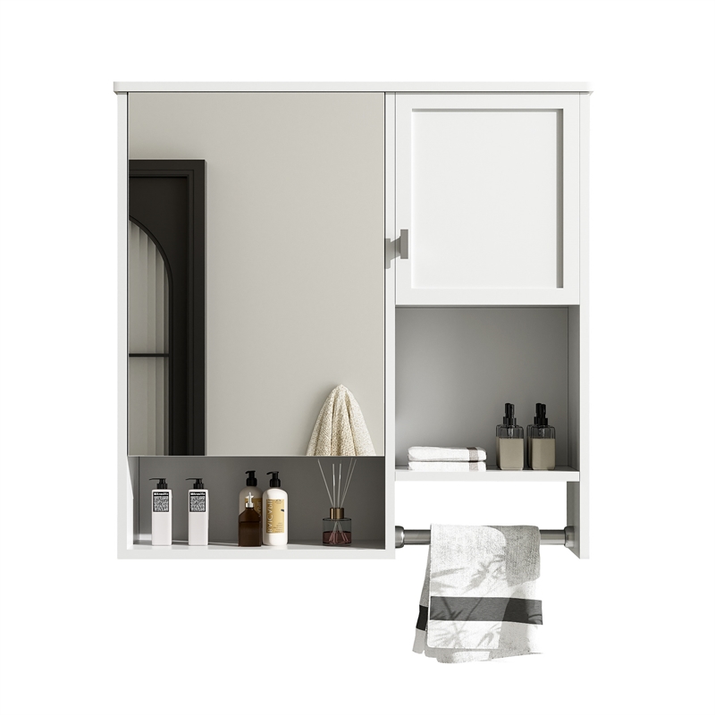 White Solid Wood Wall Mounted Medicine Cabinet with Mirror Doors and Shelves