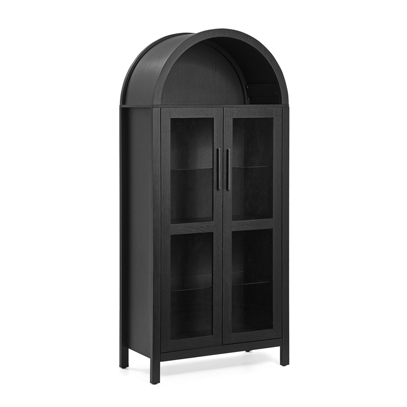 Black Arched Storage Cabinet with Lamp and Glass Shelves