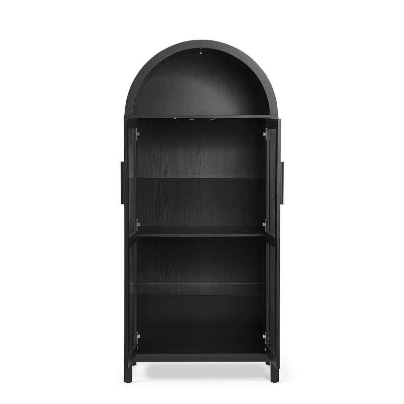 Black Arched Storage Cabinet with Lamp and Glass Shelves