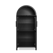 Black Arched Storage Cabinet with Lamp and Glass Shelves