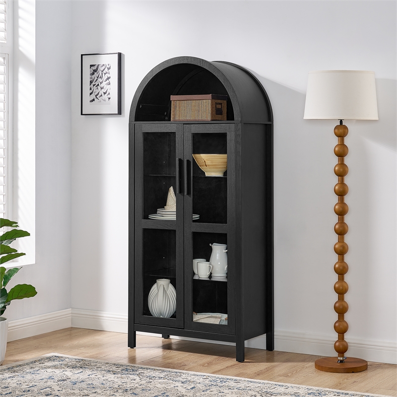 Black Arched Storage Cabinet with Lamp and Glass Shelves