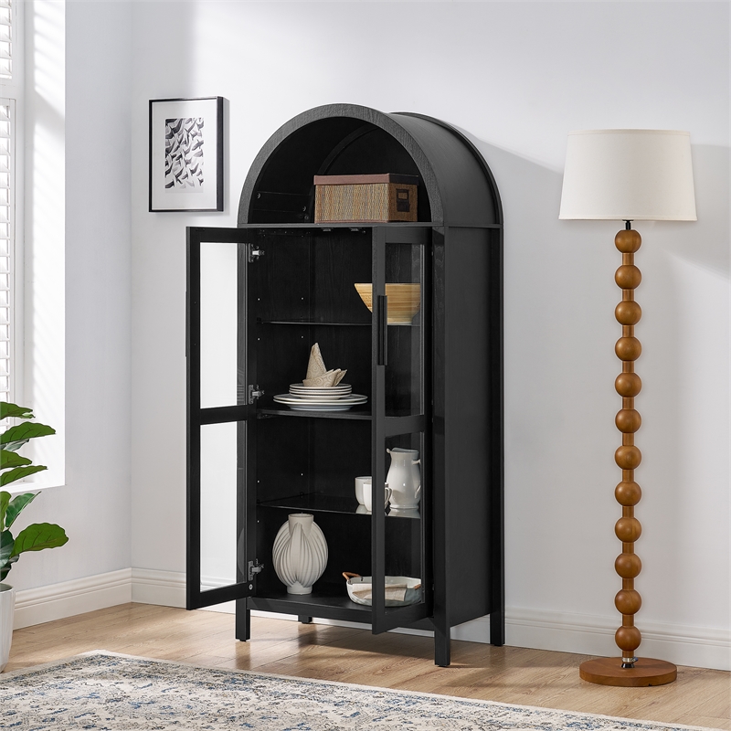 Black Arched Storage Cabinet with Lamp and Glass Shelves