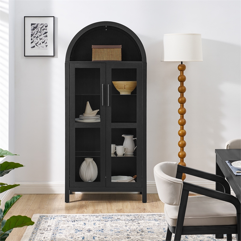 Black Arched Storage Cabinet with Lamp and Glass Shelves