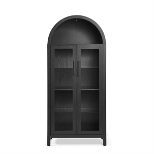 Black Arched Storage Cabinet with Lamp and Glass Shelves