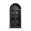 Black Arched Storage Cabinet with Lamp and Glass Shelves