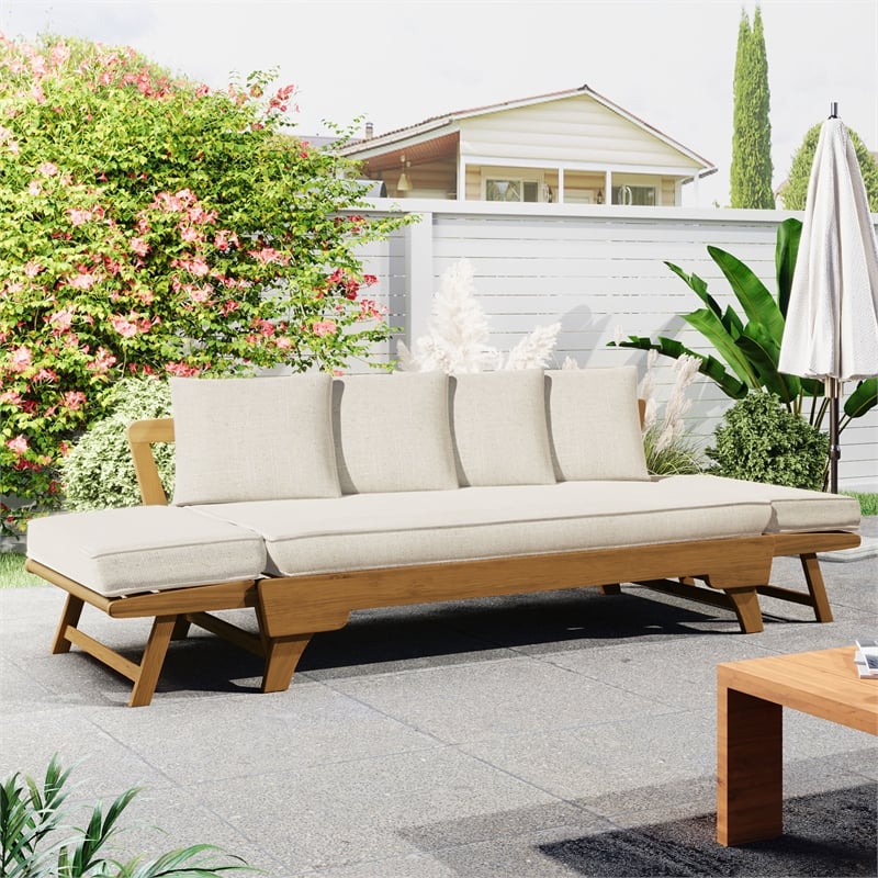 Beige  Wood Outdoor Patio Daybed Sofa with 3 Seats and Foldable Arms