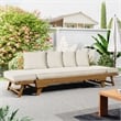 Beige  Wood Outdoor Patio Daybed Sofa with 3 Seats and Foldable Arms