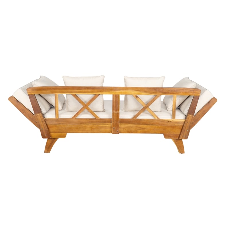 Beige  Wood Outdoor Patio Daybed Sofa with 3 Seats and Foldable Arms