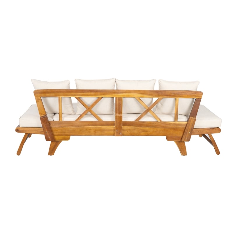 Beige  Wood Outdoor Patio Daybed Sofa with 3 Seats and Foldable Arms