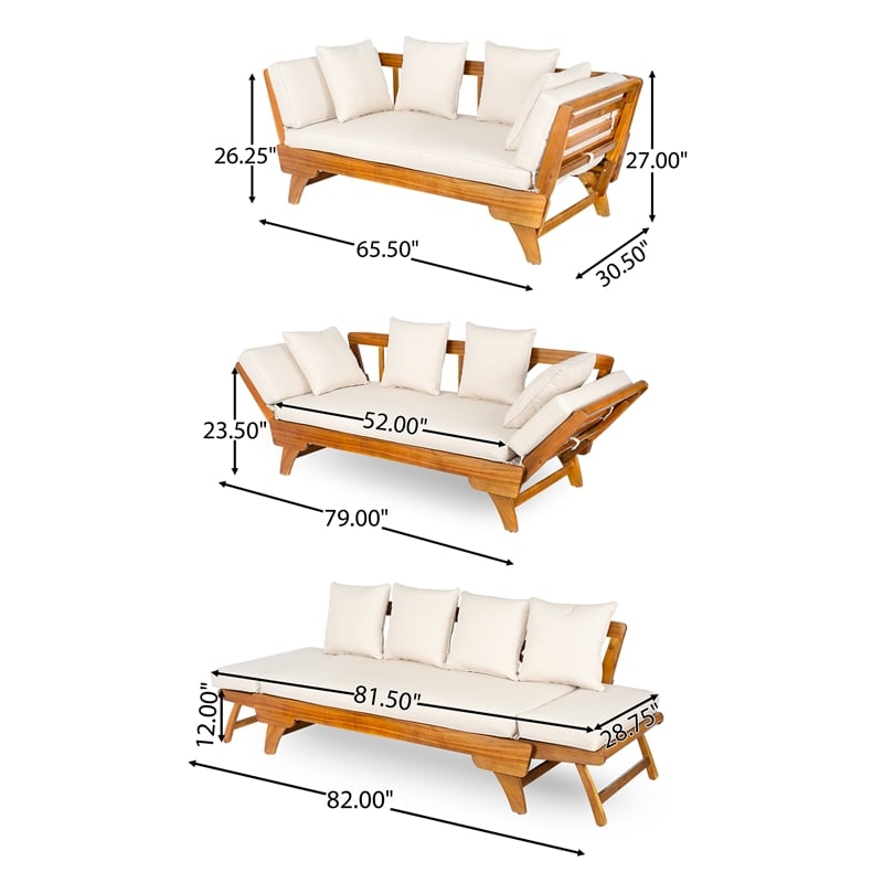 Beige  Wood Outdoor Patio Daybed Sofa with 3 Seats and Foldable Arms