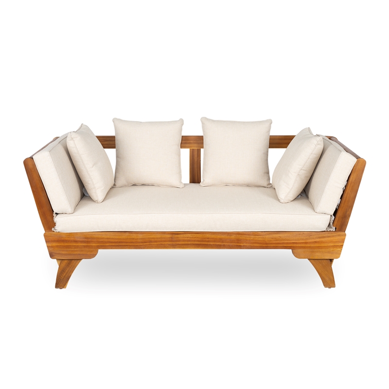 Beige  Wood Outdoor Patio Daybed Sofa with 3 Seats and Foldable Arms