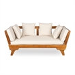 Beige  Wood Outdoor Patio Daybed Sofa with 3 Seats and Foldable Arms
