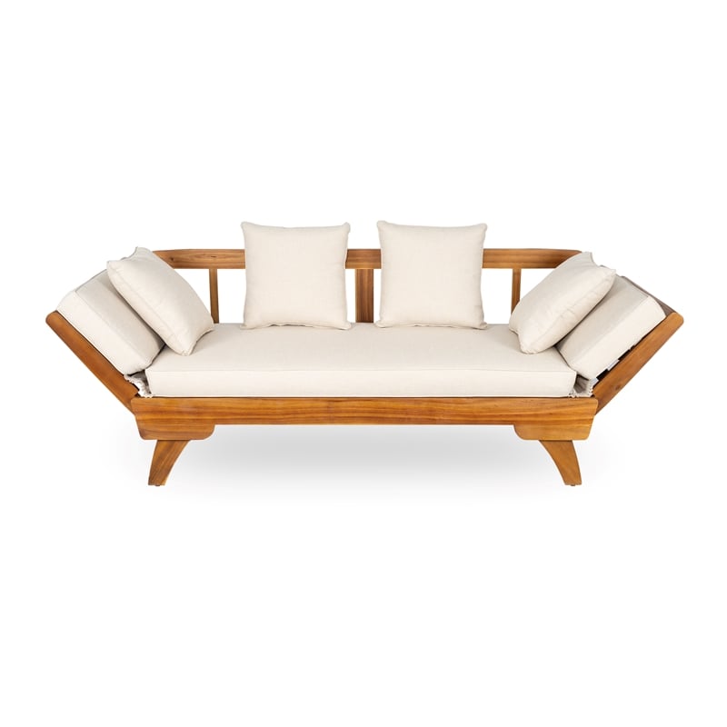 Beige  Wood Outdoor Patio Daybed Sofa with 3 Seats and Foldable Arms