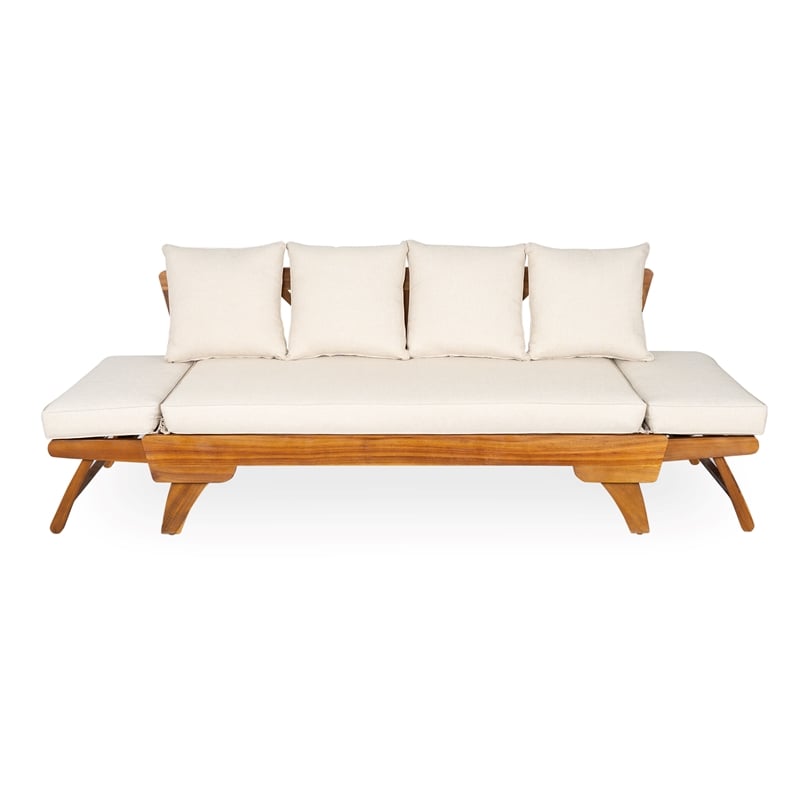 Beige  Wood Outdoor Patio Daybed Sofa with 3 Seats and Foldable Arms