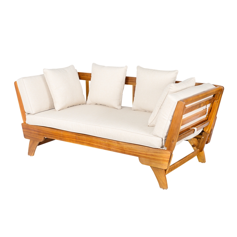 Beige  Wood Outdoor Patio Daybed Sofa with 3 Seats and Foldable Arms