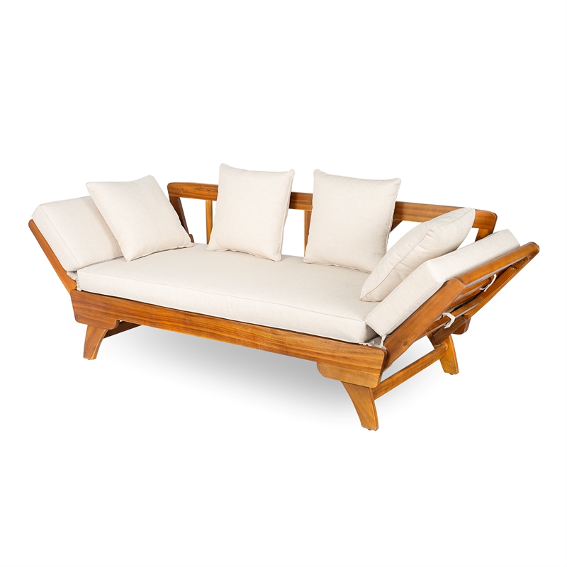 Beige  Wood Outdoor Patio Daybed Sofa with 3 Seats and Foldable Arms