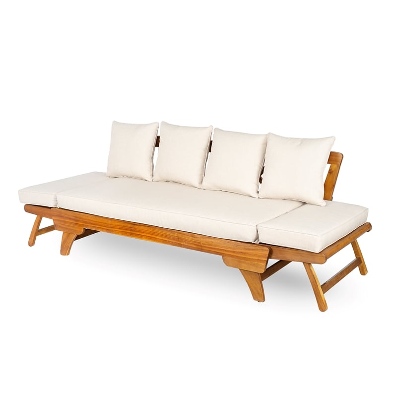 Beige  Wood Outdoor Patio Daybed Sofa with 3 Seats and Foldable Arms
