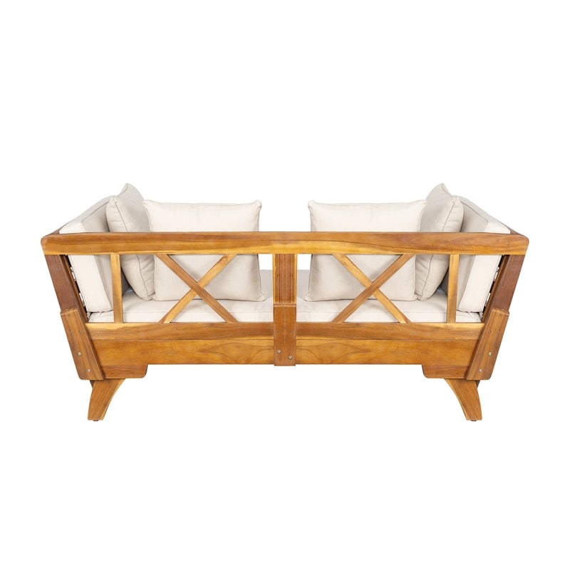 Beige  Wood Outdoor Patio Daybed Sofa with 3 Seats and Foldable Arms