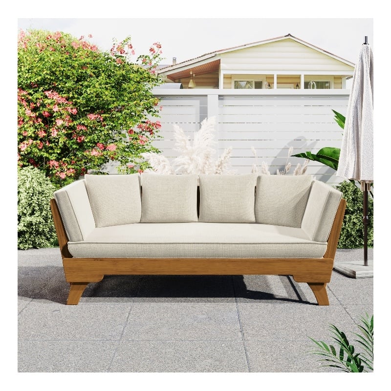 Beige  Wood Outdoor Patio Daybed Sofa with 3 Seats and Foldable Arms
