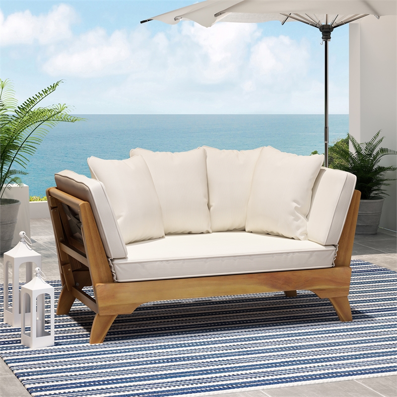 Beige  Wood Expandable Outdoor Daybed with Convertible Cushions