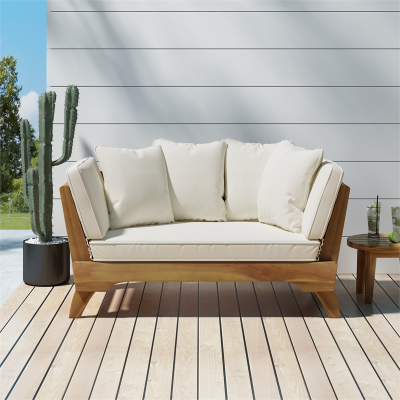 Beige  Wood Expandable Outdoor Daybed with Convertible Cushions